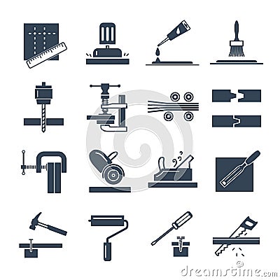 Set of black icons manufacture of products of wood production Vector Illustration