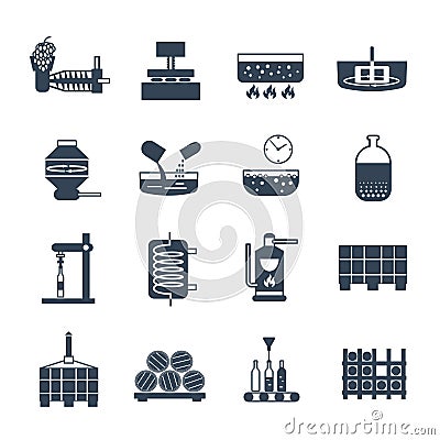 Set of black icons manufacture of wine production Vector Illustration