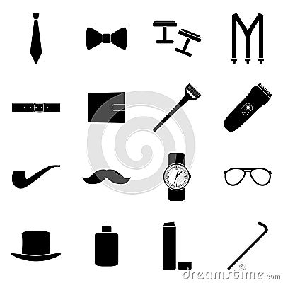 Set of black icons of men's accessories, illustration Vector Illustration