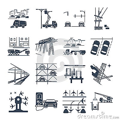 Set of black icons transport infrastructure, road, air Vector Illustration