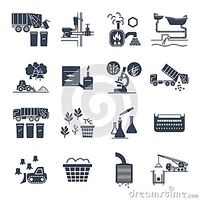 Set of black icons waste, garbage, refuse, sewage, sewerage Vector Illustration