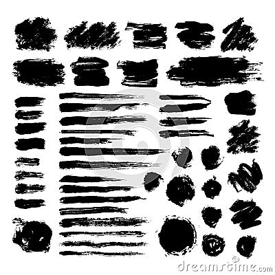 Set of black ink brush strokes isolated on white background. Hand drawn stains for backdrops. Grunge artistic brushes Vector Illustration