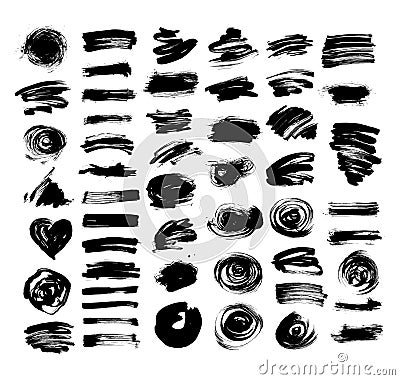 Set of 52 black ink hand drawing brushes collection isolated Vector Illustration