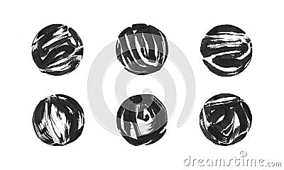 Set of black ink painted grunge dirty circle frame. Isolated round shape illustration, texture brush strokes Cartoon Illustration