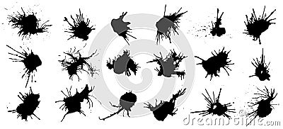 Set of black ink splashes and drops. Different handdrawn spray design elements. Blobs and spatters. Isolated vector Vector Illustration