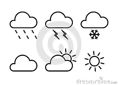 Set of black isolated outline icons of weather on white background. Line icons of meteorological symbols. Flat design. Sun, snow, Vector Illustration