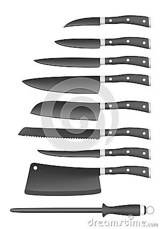 Set of black kitchen steel knives for chef and black wooden handle with rivet and stainless trim with a grinder on a white backgro Vector Illustration