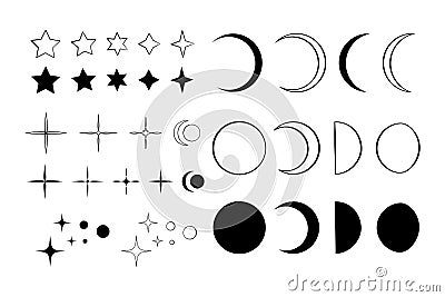 Set of black line art and silhouettes of stars, moons and crescents. Vector Illustration