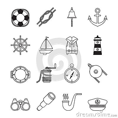 Set of black line yachting and sailing icons Vector Illustration