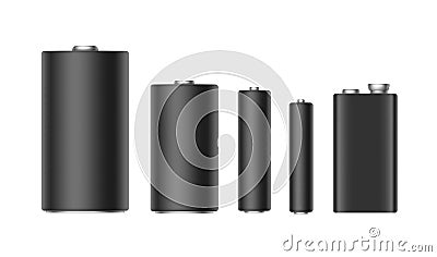 Set of Black Matt Alkaline Batteries Of Diffrent size AAA, AA, C, D, PP3 for branding Close up Vector Illustration