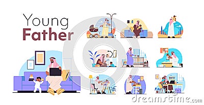 set black muslim arabic father spending time with little baby son fatherhood parenting concept horizontal Vector Illustration