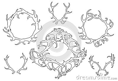 Set of black outline of deer horns, round frames of antlers. The object is separate from the background. Vector contour object Vector Illustration