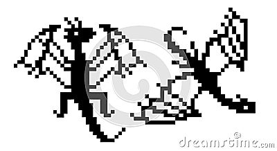 Set of black outline pixel dragons isolated on white. Vector Illustration