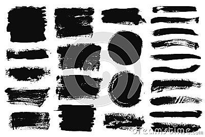 Set of black paint, ink brush strokes, brushes, lines. Dirty artistic design elements, boxes, frames for text. Stock Photo