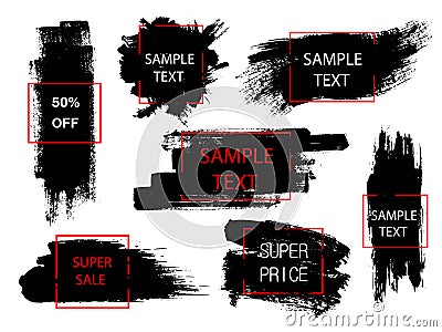 Set of black paint, ink brush strokes and geometric shapes. Creative design elements. Place for text or quote. Vector Illustration