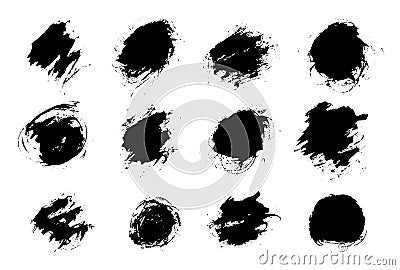 Set black paint, ink splash, brushes ink droplets, blots. Black ink splatter grunge background, isolated on white. Vector Illustration