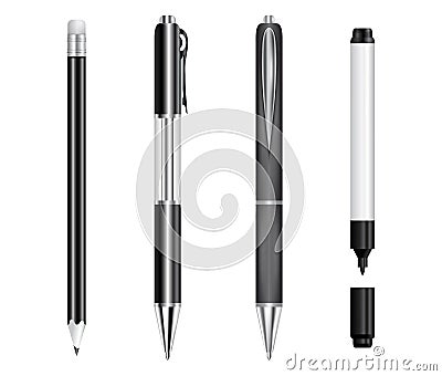 Set of black pens, pencil and marker Vector Illustration