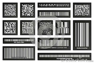 Set of black product barcodes and QR codes. Identification tracking code. Serial number, product ID with digital Vector Illustration