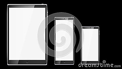 Set of black realistic tablet computer mobile smart smart mobile phone, smartphone with glossy blank glowing screen isolated on bl Vector Illustration