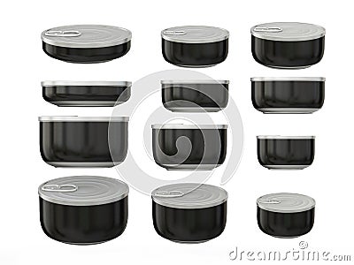 Set of black round bottom tin cans in various sizes, clipping pa Stock Photo