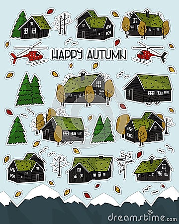 Set of Black scandinavian greenlandian wooden houses stickers, trees, forest, grass on the roof with white borders and Happy Vector Illustration