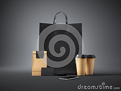 Set of black shopping bag, coffee cups, paper package, blank business cards and generic design smartphone. 3d render Stock Photo