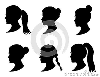 Set of black silhouette girl head with different hairstyle: tail, ponytail, bun, braid hairstyle. Vector Illustration