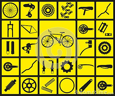 Set of black silhouette icons of bicycle spare parts. Vector Illustration