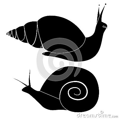 Set of black silhouette snails of various shapes. Objects are separate from the background. Simple cartoon vector image Vector Illustration