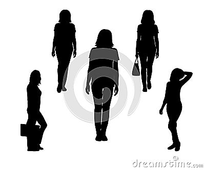 Set of black silhouette of standing woman, with bag on white background. Vector Illustration