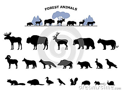 Set of black silhouette wild forest steppe animals Vector Illustration