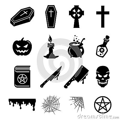 Halloween vector set. Black silhouettes and icons of elements and decorations. Stock Photo