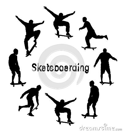 Set of black skateboarder silhouettes. Grunge style textured text Vector Illustration