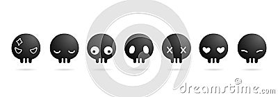 set of black skulls with different emotions isolated on white background Vector Illustration
