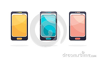 Set black smartphone with color screen, menu button and camera in vector. Mobile phone top view isolated on white Vector Illustration