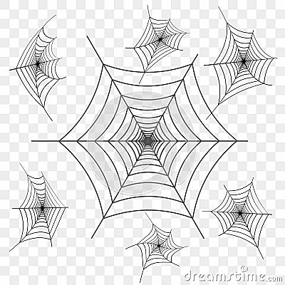 Set of black spider web on transparent background. Design element, icon. Vector. Vector Illustration