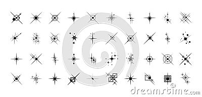 Set of black stars sparkle icons. Collection of various shape twinkling effect symbols on white background. Magic particle vivid. Vector Illustration