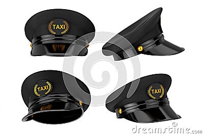 Set of Black Taxi Driver Caps with Goldan Cockade and Taxi Sign. 3d Rendering Stock Photo