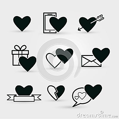 Set of black Valentines icons on white background. Vector Illustration