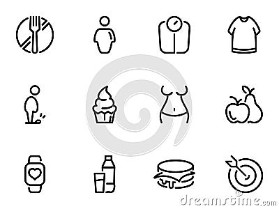 Set of black vector icon, isolated on white background, on theme The problem of obesity, weight loss and temptations Vector Illustration