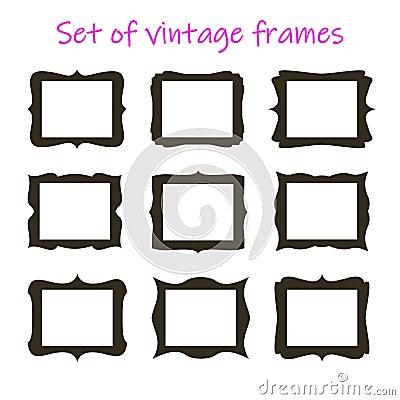 Set of black vintage frame silhouettes with holes. Blank borders of various shapes. Vector retro labels, elements Vector Illustration