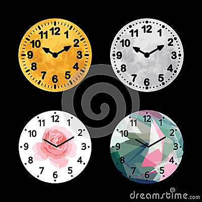 Set of black and white alarm clock flat block icon design, classic vintage dial wall timer. Vector Illustration