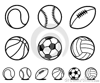 Set of black and white cartoon sports ball icons Vector Illustration