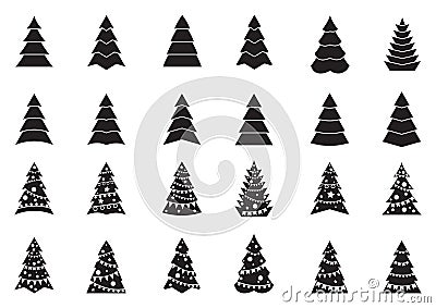 Set of black and white Christmas tree icons Vector Illustration