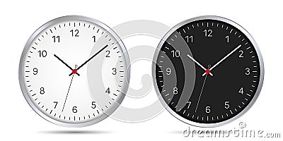 A set of black and white circular watches with a second hand and a metal bezel. Dial with numbers, hands and red center, vector Vector Illustration