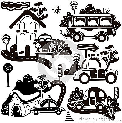 Set black and white composition with of different types transport, traffic signs, tree and other. Icon for your design Vector Illustration