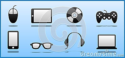 Set of 8 Black & White Computer Geek / Nerd / Gamer icons Vector Illustration