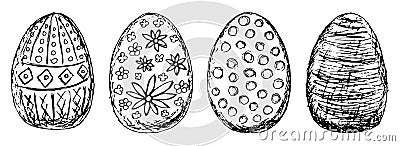 Set of black and white contour vector sketches of Easter eggs Vector Illustration