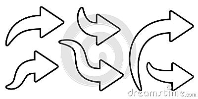 Set of black and white curved isolated arrows. Vector Illustration