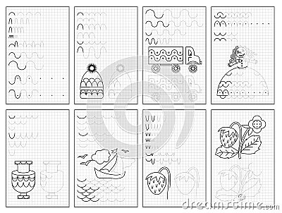 Set of black and white educational pages on square paper for kids. Printable worksheet for children textbook. Vector Illustration